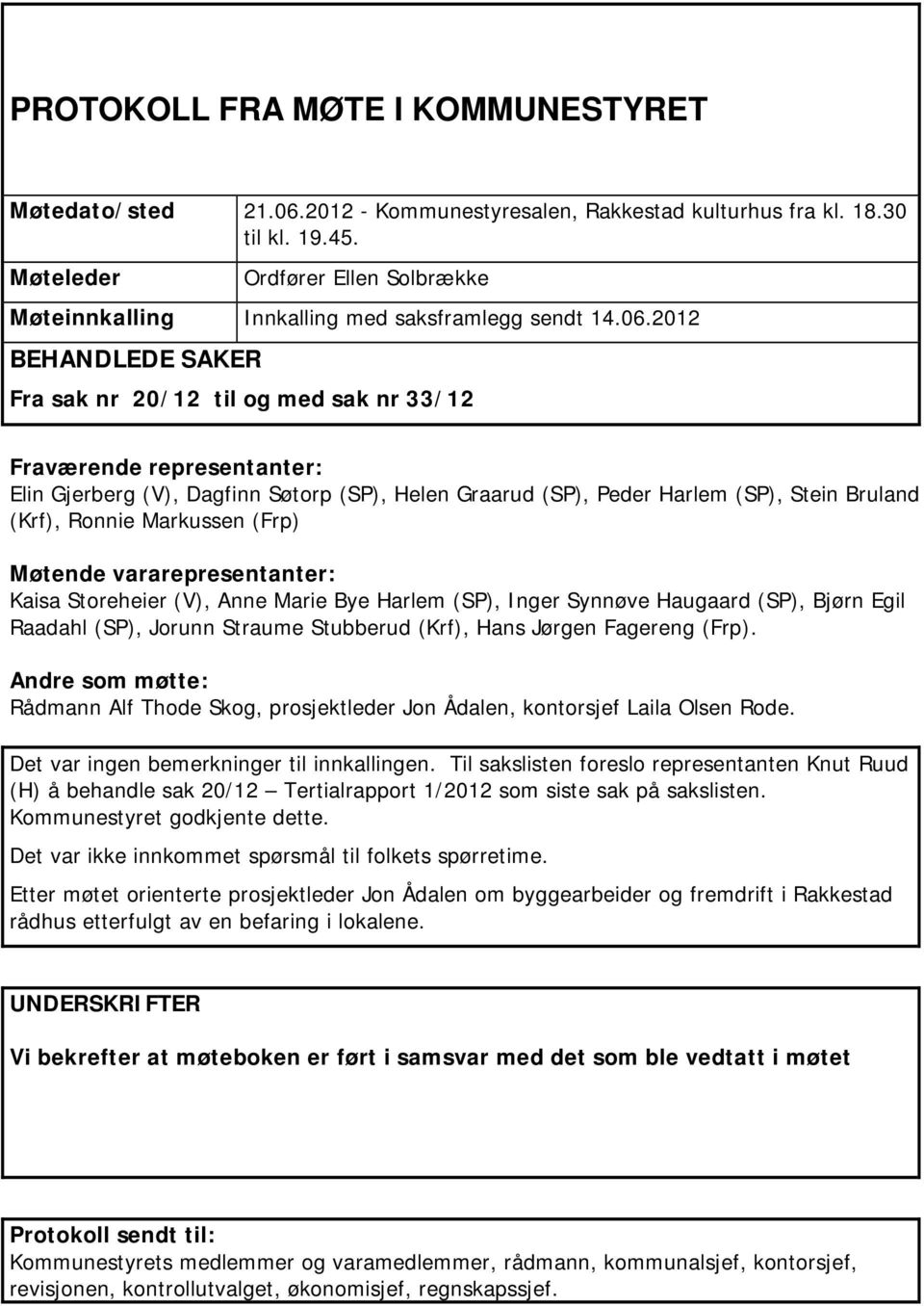 2012 BEHANDLEDE SAKER Fra sak nr 20/12 til og med sak nr 33/12 Fraværende representanter: Elin Gjerberg (V), Dagfinn Søtorp (SP), Helen Graarud (SP), Peder Harlem (SP), Stein Bruland (Krf), Ronnie