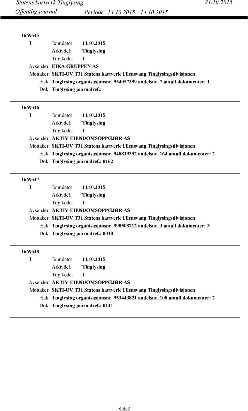 164 antall dokumenter: 2 Dok: journalref.: 0162 1669547 Avsender: AKTIV EIENDOMSOPPGJØR AS organisasjonsnr. 990508712 andelsnr.