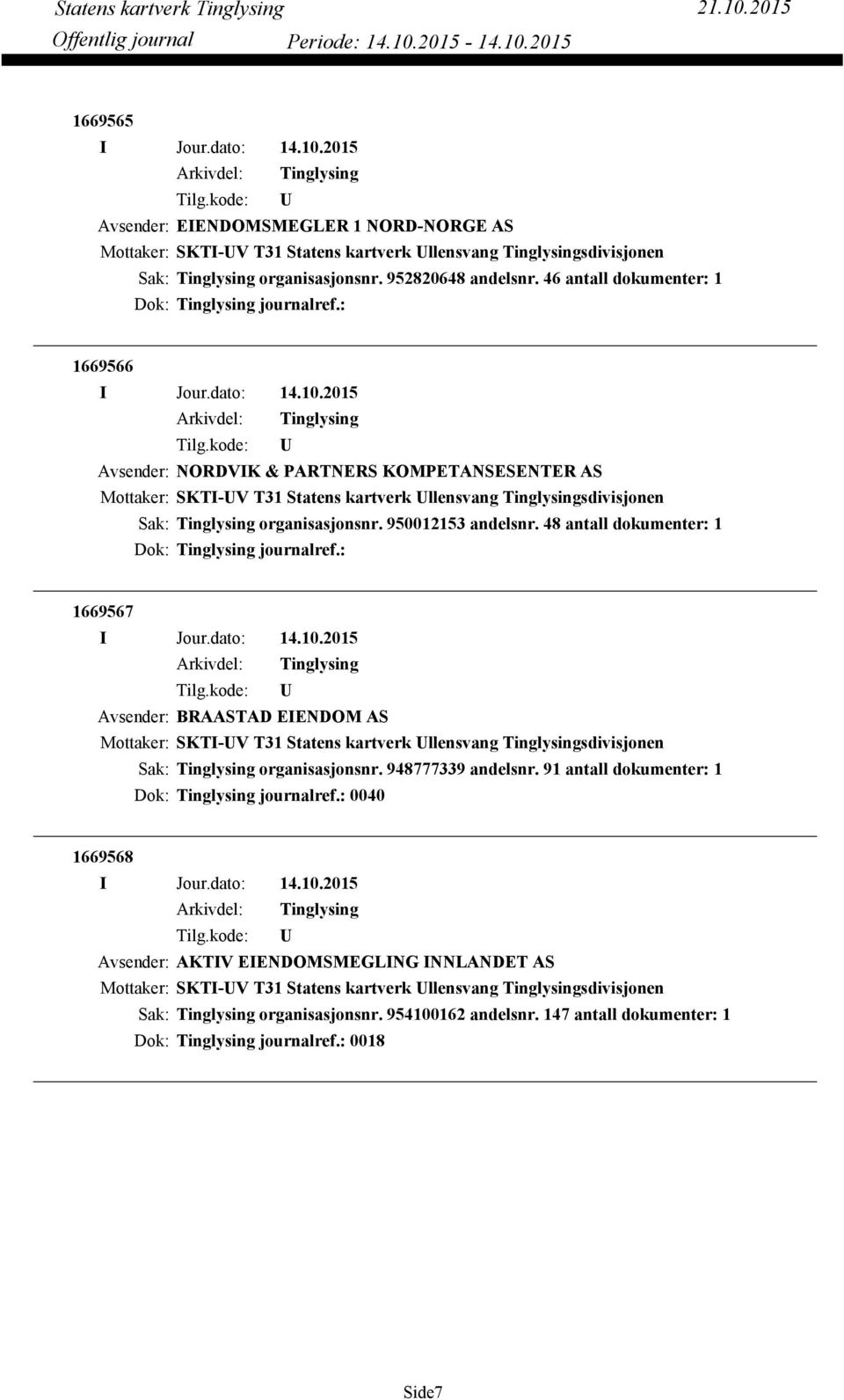 48 antall dokumenter: 1 Dok: journalref.: 1669567 Avsender: BRAASTAD EIENDOM AS organisasjonsnr. 948777339 andelsnr.