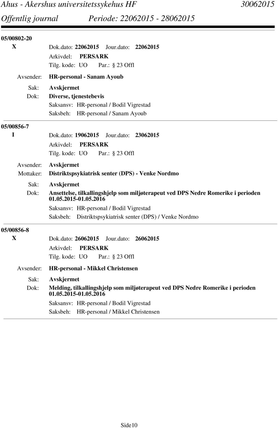 dato: 19062015 Jour.dato: 23062015 Distriktspsykiatrisk senter (DPS) - Venke Nordmo Ansettelse, tilkallingshjelp som miljøterapeut ved DPS Nedre Romerike i perioden 01.