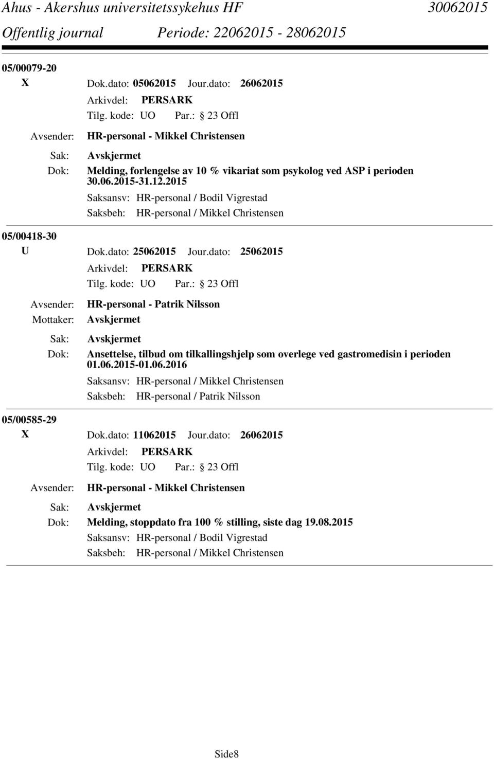 dato: 25062015 HR-personal - Patrik Nilsson Ansettelse, tilbud om tilkallingshjelp som overlege ved gastromedisin i perioden 01.06.2015-01.06.2016 Saksansv: HR-personal / Mikkel Christensen Saksbeh: HR-personal / Patrik Nilsson 05/00585-29 X Dok.