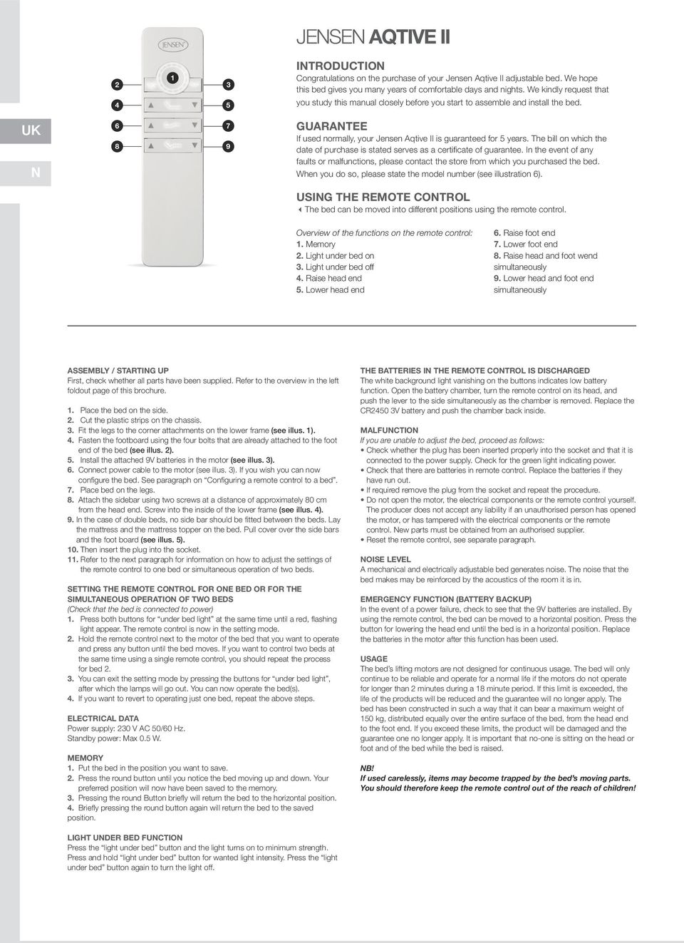 The bill on which the date of purchase is stated serves as a certificate of guarantee. In the event of any faults or malfunctions, please contact the store from which you purchased the bed.