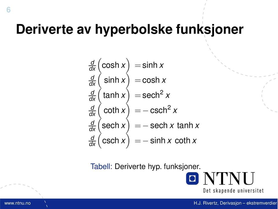 sech x ( ) csch x = sinh x = cosh x = sech 2 x = csch 2 x =