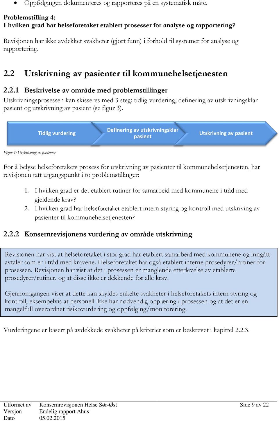 2 Utskrivning av pasienter til kommunehelsetjenesten 2.2.1 Beskrivelse av område med problemstillinger Utskrivningsprosessen kan skisseres med 3 steg; tidlig vurdering, definering av utskrivningsklar pasient og utskrivning av pasient (se figur 3).