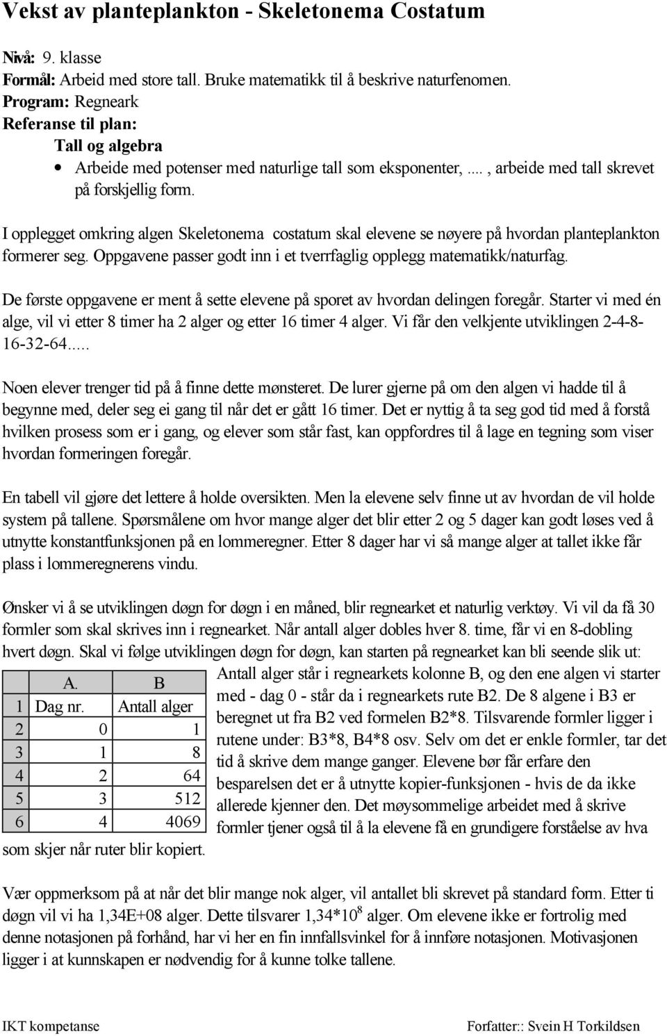 I opplegget omkring algen Skeletonema costatum skal elevene se nøyere på hvordan planteplankton formerer seg. Oppgavene passer godt inn i et tverrfaglig opplegg matematikk/naturfag.