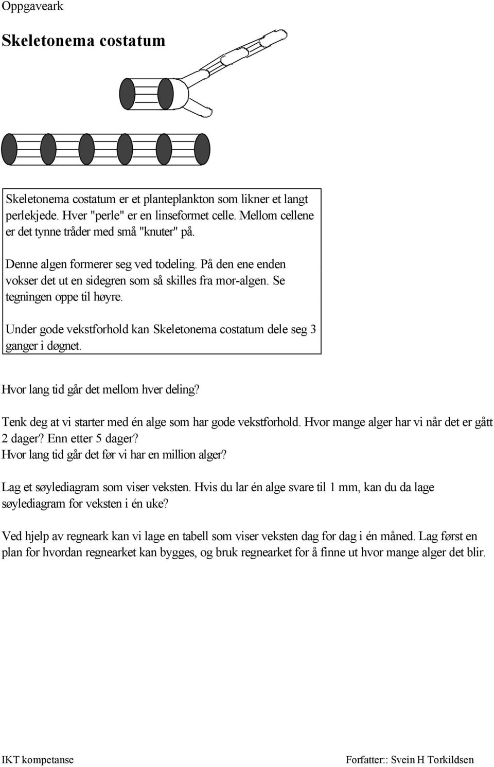 Under gode vekstforhold kan Skeletonema costatum dele seg 3 ganger i døgnet. Hvor lang tid går det mellom hver deling? Tenk deg at vi starter med én alge som har gode vekstforhold.