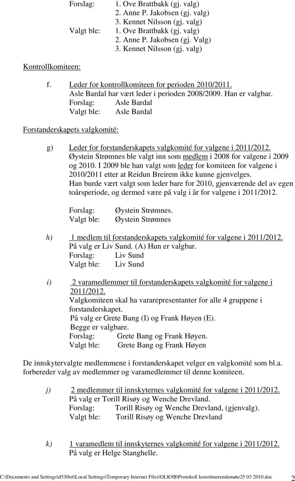 Forslag: Asle Bardal Valgt ble: Asle Bardal Forstanderskapets valgkomité: g) Leder for forstanderskapets valgkomité for valgene i 2011/2012.