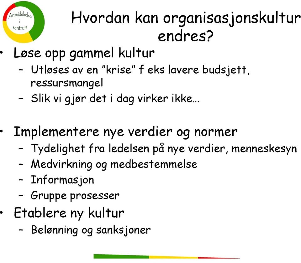 vi gjør det i dag virker ikke Implementere nye verdier og normer Tydelighet fra