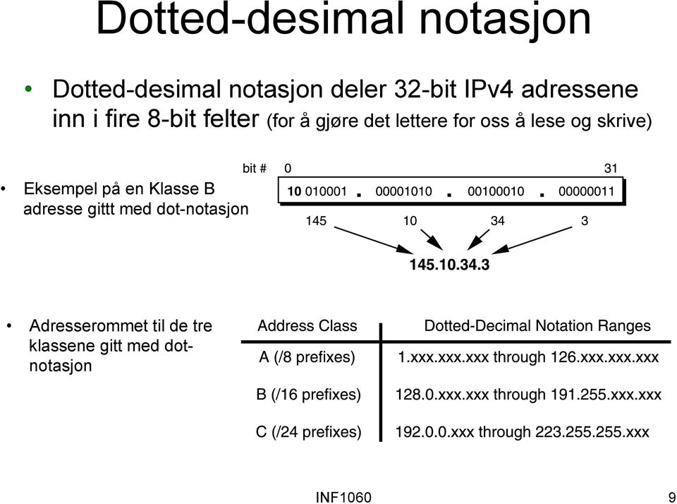 Dotted-desimal notasjon Dotted-decimal notation divides the 32-bit Internet address into four 8- bit fields and specifies the value of each field independently as a decimal number with the fields