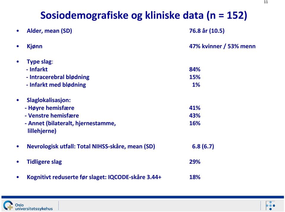 1% Slaglokalisasjon: -Høyre hemisfære 41% - Venstre hemisfære 43% - Annet (bilateralt, hjernestamme, 16%