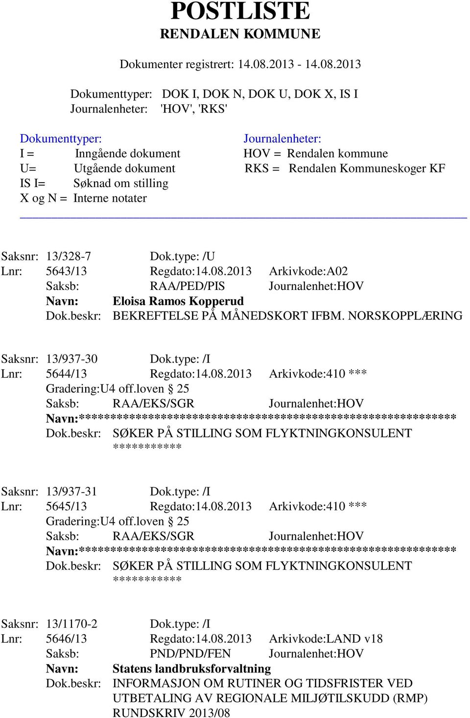 beskr: SØKER PÅ STILLING SOM FLYKTNINGKONSULENT *********** Saksnr: 13/937-31 Dok.type: /I Lnr: 5645/13 Regdato:14.08.2013 Arkivkode:410 *** Gradering:U4 off.