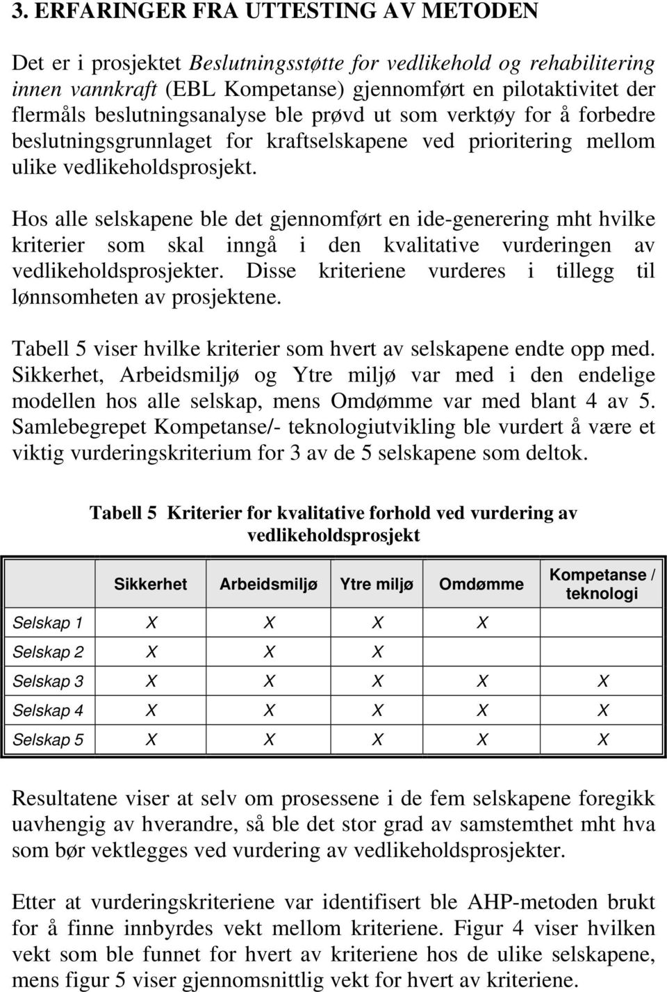 Hos alle selskapene ble det gjennomført en ide-generering mht hvilke kriterier som skal inngå i den kvalitative vurderingen av vedlikeholdsprosjekter.