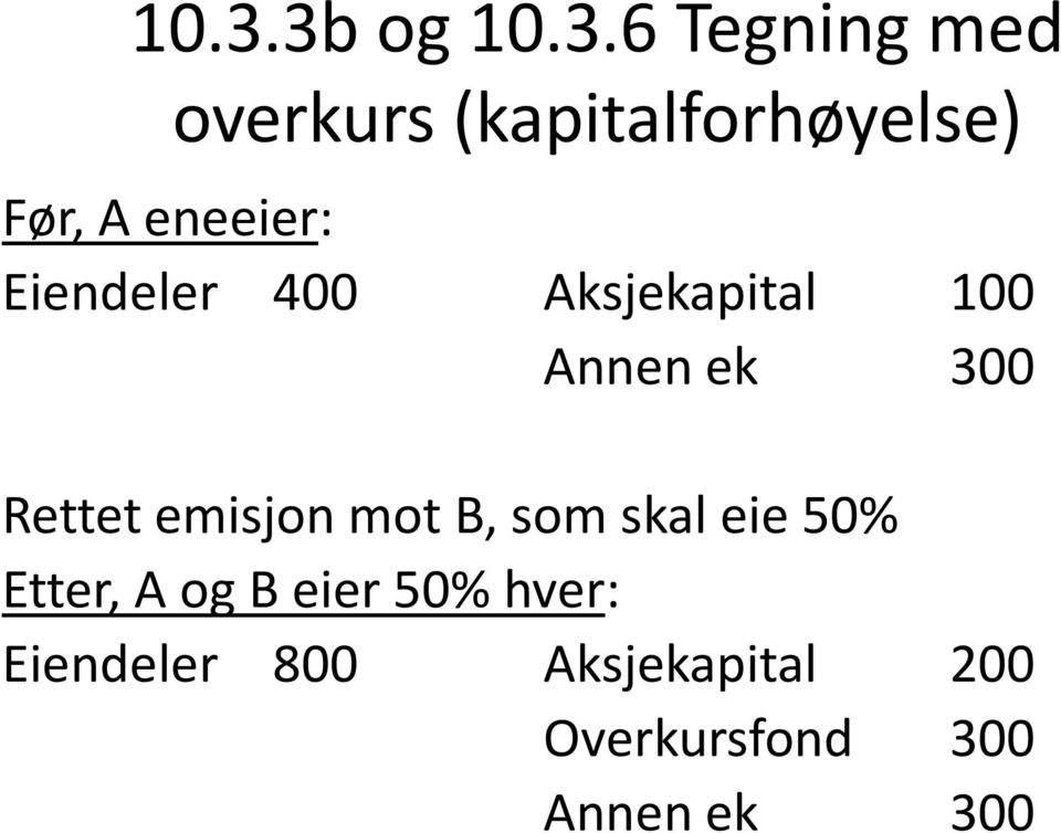 Rettet emisjon mot B, som skal eie 50% Etter, A og B eier 50%