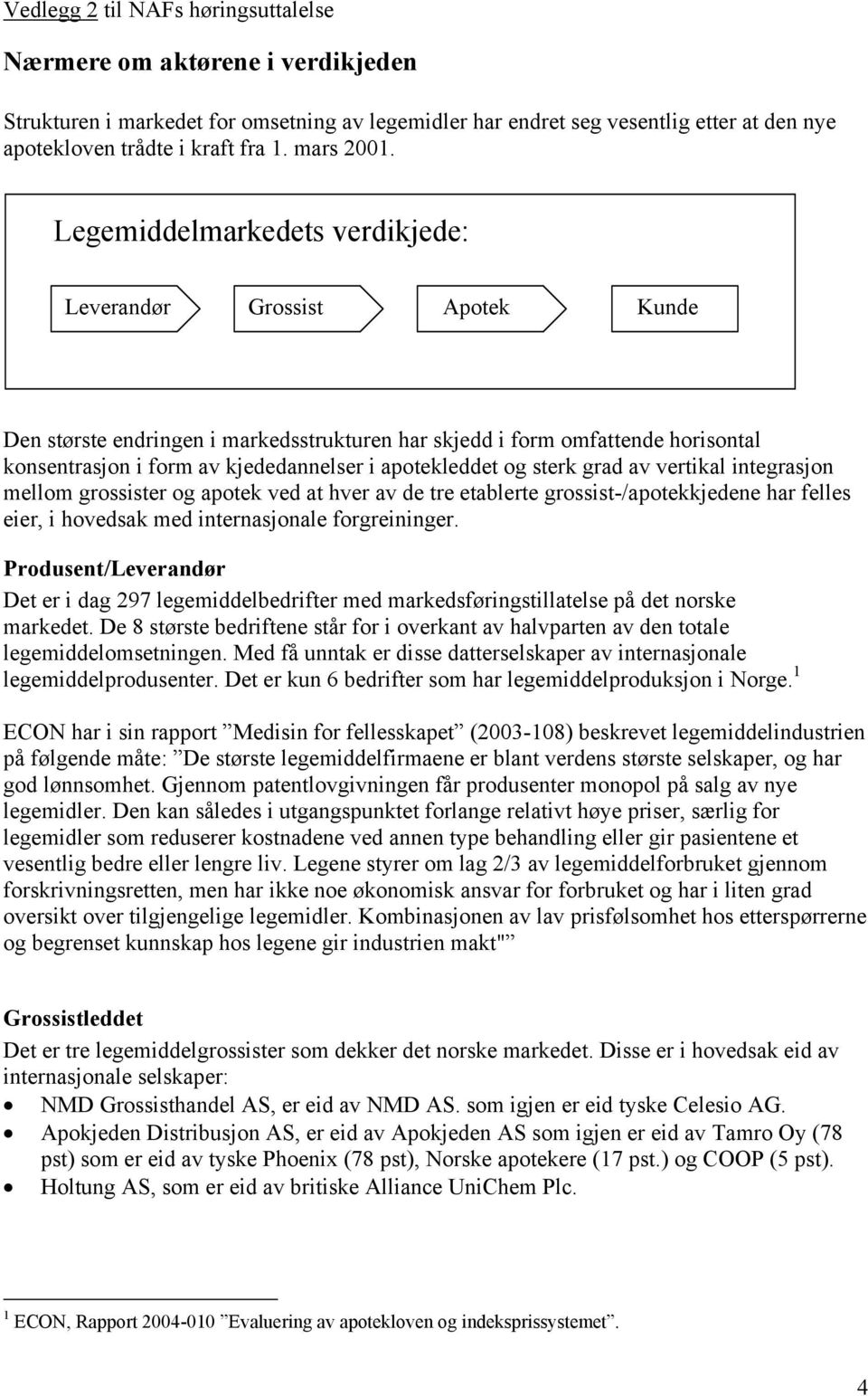 Legemiddelmarkedets verdikjede: Leverandør Grossist Apotek Kunde Den største endringen i markedsstrukturen har skjedd i form omfattende horisontal konsentrasjon i form av kjededannelser i