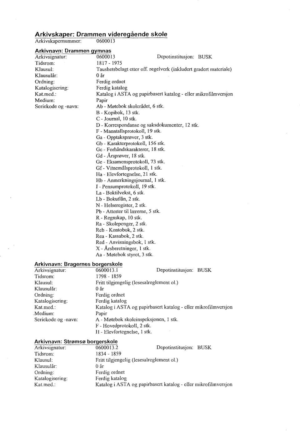 : Katalog i ASTA og papirbasert katalog - eller mikrofilmversjon Medium: Papir Seriekode og -navn: Ab - Møtebok skolcrådet, 6 stk. B - Kopibok, 13 stk. C - Journal, 10 stk.