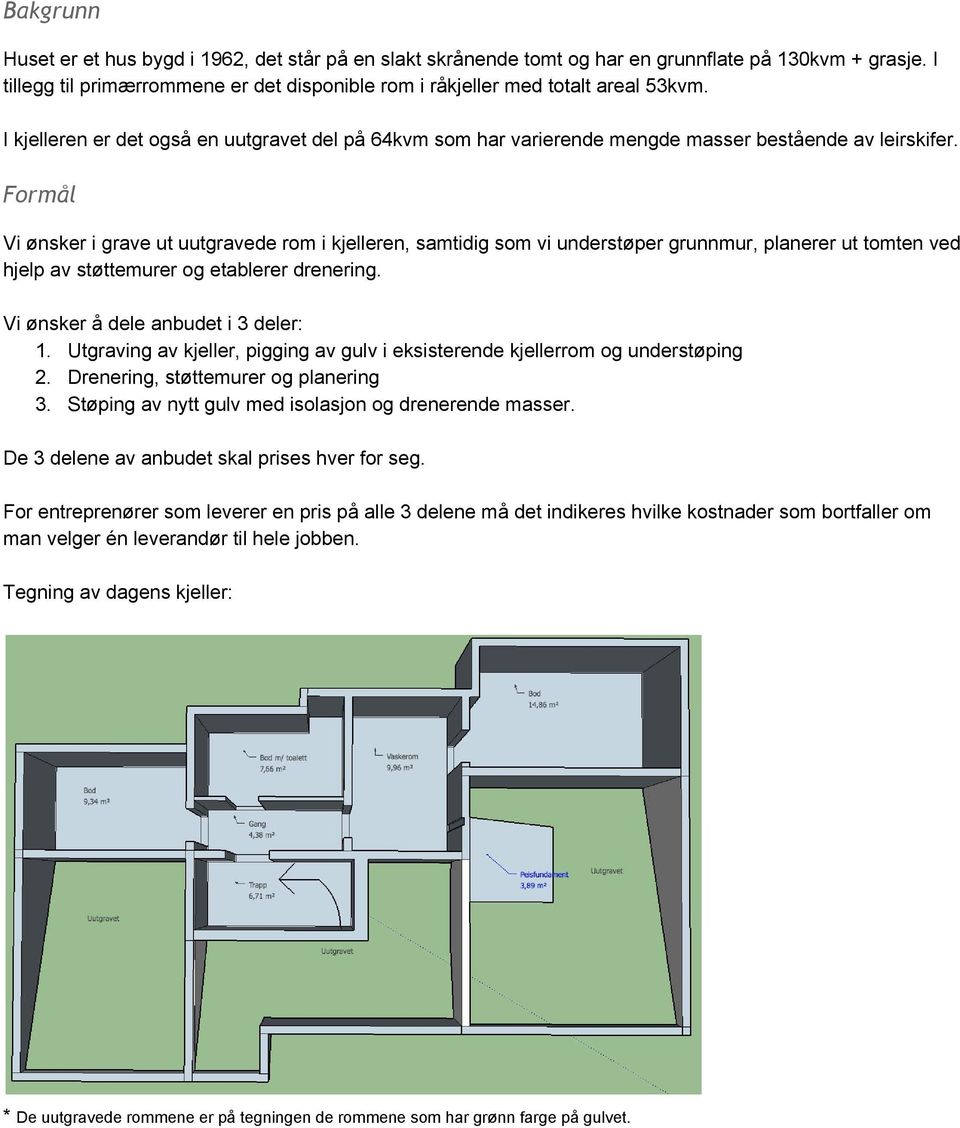 Formål Vi ønsker i grave ut uutgravede rom i kjelleren, samtidig som vi understøper grunnmur, planerer ut tomten ved hjelp av støttemurer og etablerer drenering. Vi ønsker å dele anbudet i 3 deler: 1.