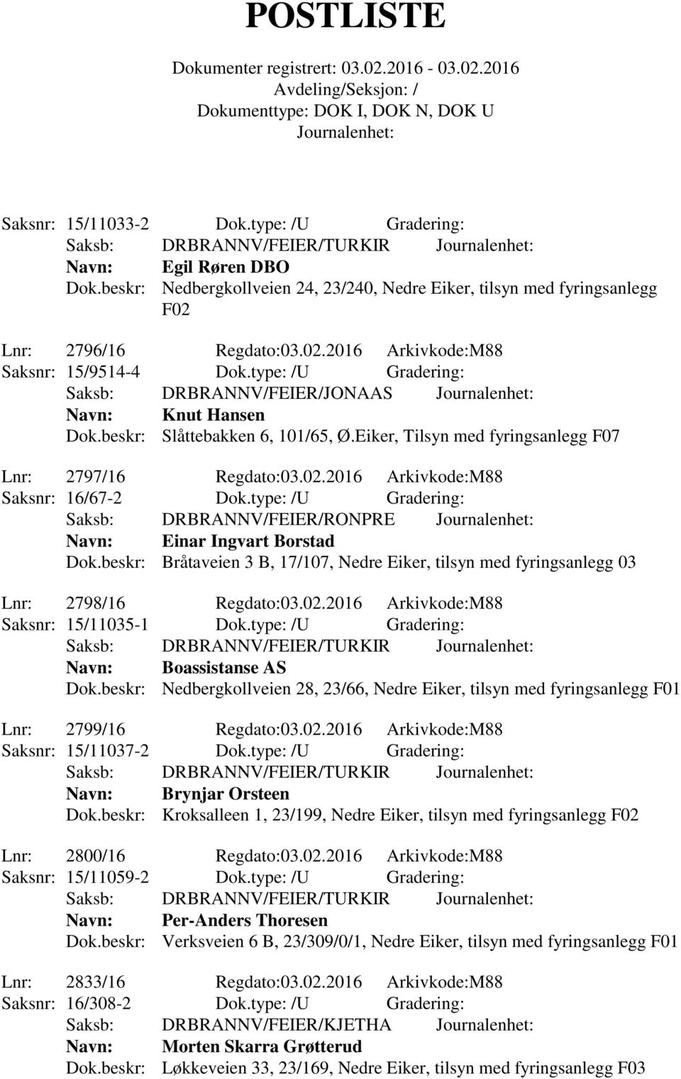 2016 Arkivkode:M88 Saksnr: 16/67-2 Dok.type: /U Gradering: Saksb: DRBRANNV/FEIER/RONPRE Navn: Einar Ingvart Borstad Dok.