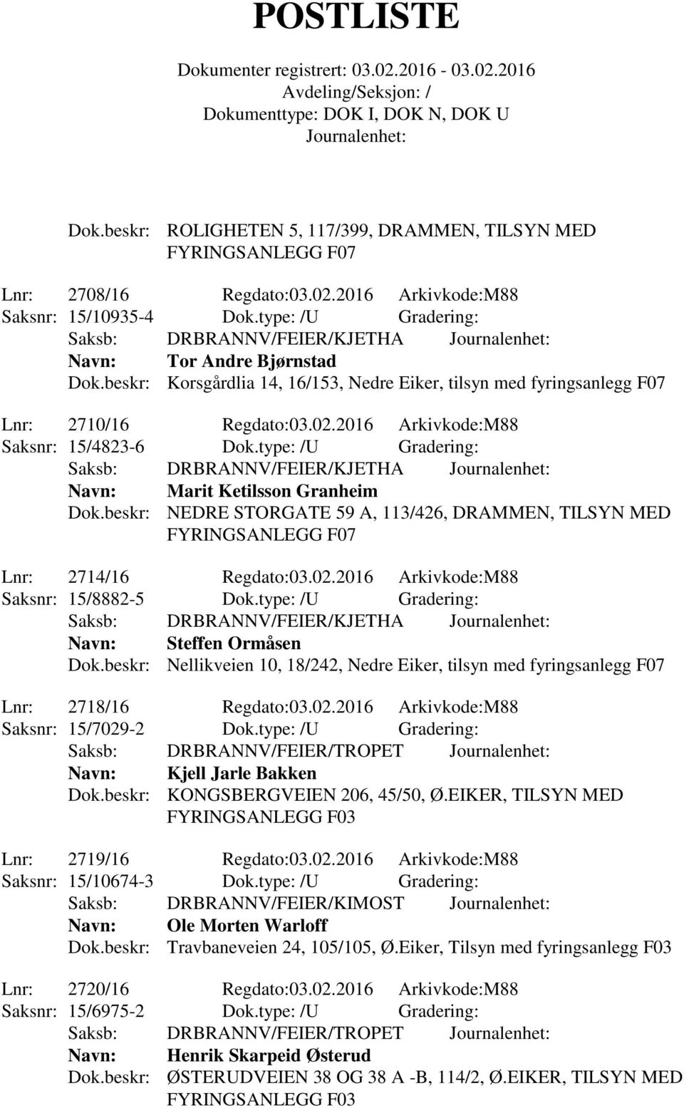 2016 Arkivkode:M88 Saksnr: 15/4823-6 Dok.type: /U Gradering: Saksb: DRBRANNV/FEIER/KJETHA Navn: Marit Ketilsson Granheim Dok.