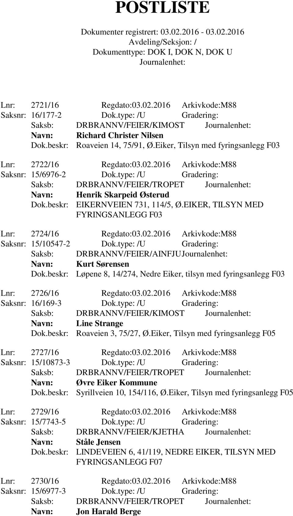 beskr: EIKERNVEIEN 731, 114/5, Ø.EIKER, TILSYN MED FYRINGSANLEGG F03 Lnr: 2724/16 Regdato:03.02.2016 Arkivkode:M88 Saksnr: 15/10547-2 Dok.