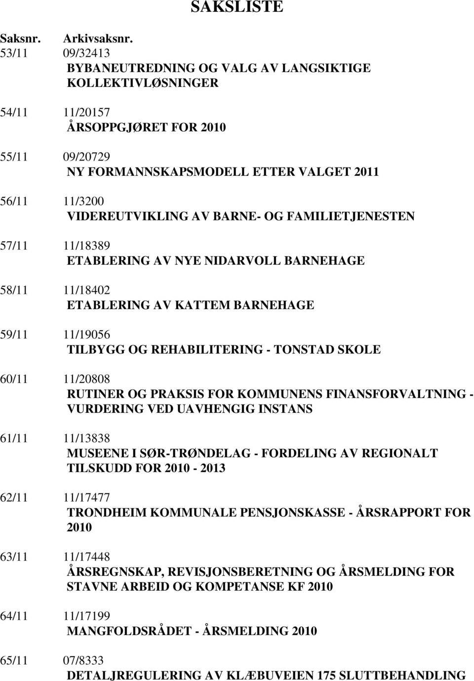 BARNE- OG FAMILIETJENESTEN 57/11 11/18389 ETABLERING AV NYE NIDARVOLL BARNEHAGE 58/11 11/18402 ETABLERING AV KATTEM BARNEHAGE 59/11 11/19056 TILBYGG OG REHABILITERING - TONSTAD SKOLE 60/11 11/20808