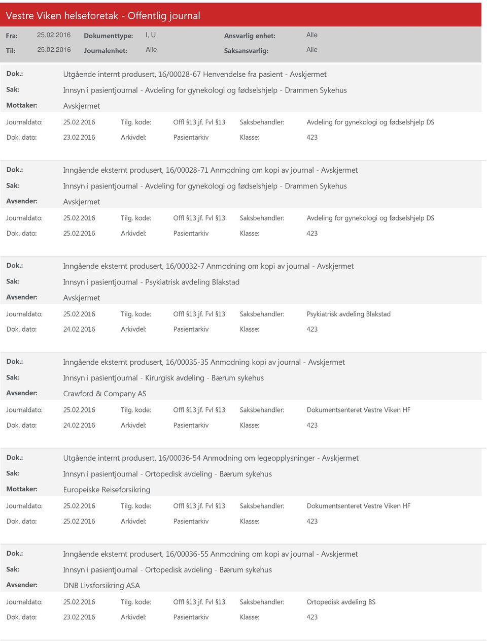 2016 Arkivdel: Pasientarkiv Inngående eksternt produsert, 16/00028-71 Anmodning om kopi av journal - Innsyn i pasientjournal - Avdeling for gynekologi og fødselshjelp - Drammen Sykehus Avdeling for