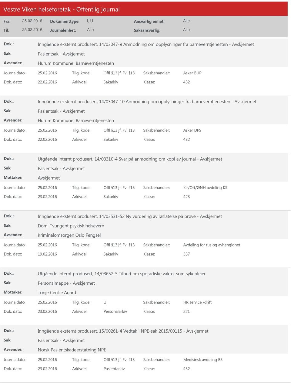 2016 Arkivdel: Sakarkiv 432 tgående internt produsert, 14/03310-4 Svar på anmodning om kopi av journal - Pasientsak - Kir/Ort/ØNH avdeling KS Dok. dato: 23.02.