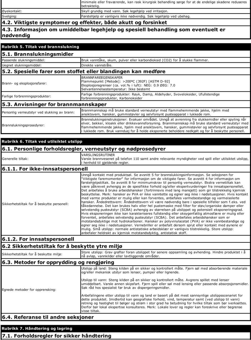 Informasjon om umiddelbar legehjelp og spesiell behandling som eventuelt er nødvendig Rubrikk 5. Tiltak ved brannslukning 5.1.