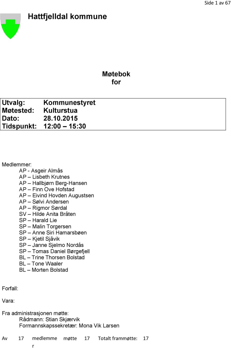 Andersen AP Rigmor Sørdal SV Hilde Anita Bråten SP Harald Lie SP Malin Torgersen SP Anne Siri Hamarsbøen SP Kjetil Sjåvik SP Janne Sjelmo Nordås SP Tomas