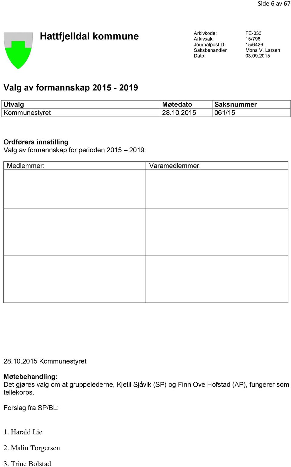 2015 061/15 Ordførers innstilling Valg av formannskap for perioden 2015 2019: Medlemmer: Varamedlemmer: 28.10.