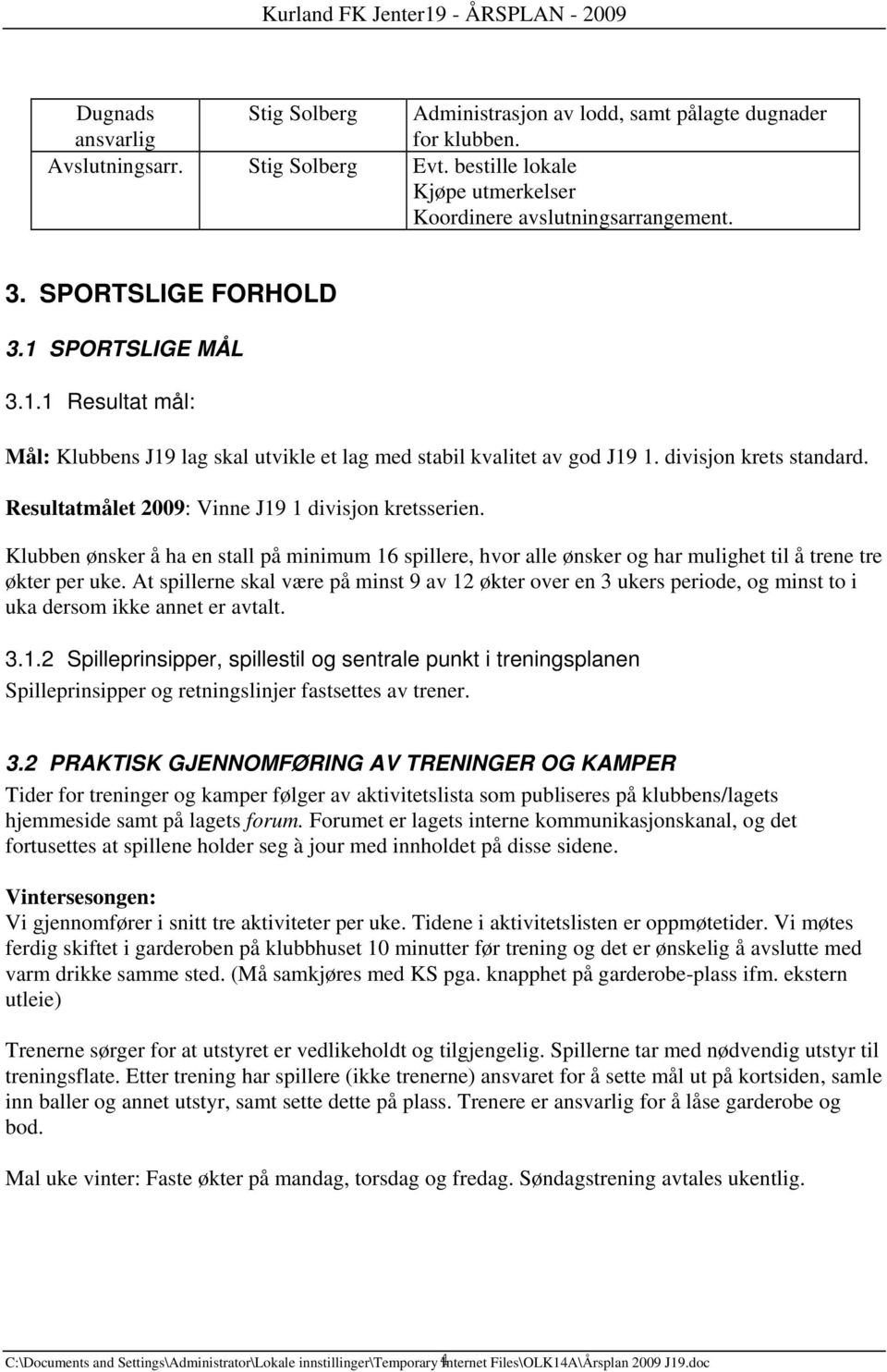 Resultatmålet 2009: Vinne J19 1 divisjon kretsserien. Klubben ønsker å ha en stall på minimum 16 spillere, hvor alle ønsker og har mulighet til å trene tre økter per uke.