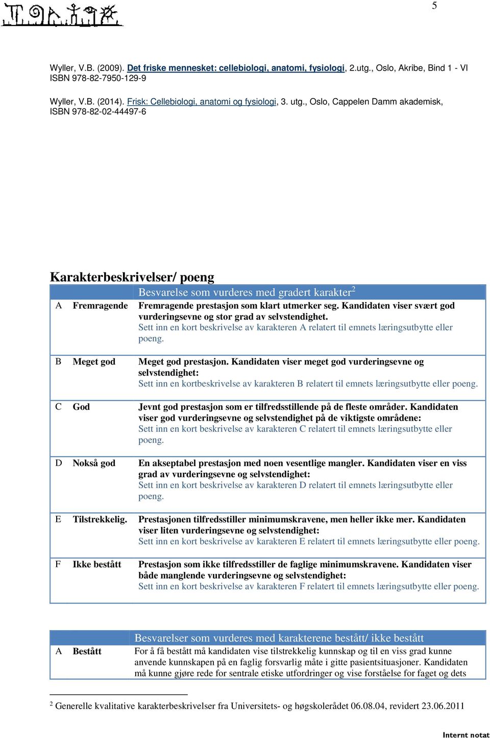 , Oslo, Cappelen Damm akademisk, ISBN 978-82-02-44497-6 Karakterbeskrivelser/ poeng Besvarelse som vurderes med gradert karakter 2 A Fremragende Fremragende prestasjon som klart utmerker seg.