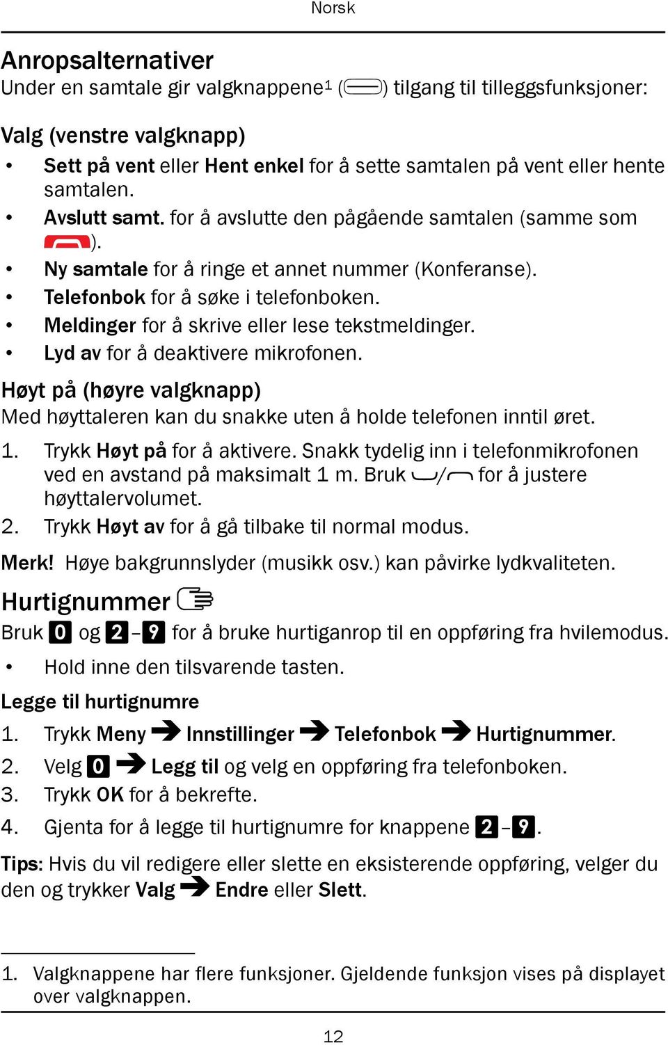 Meldinger for å skrive eller lese tekstmeldinger. Lyd av for å deaktivere mikrofonen. Høyt på (høyre valgknapp) Med høyttaleren kan du snakke uten å holde telefonen inntil øret. 1.