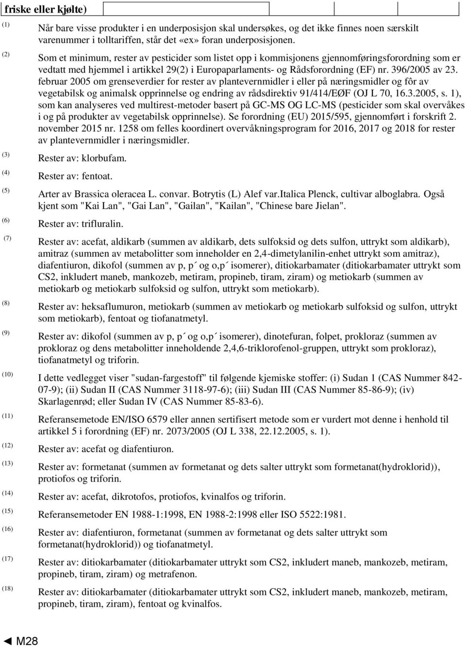 Som et minimum, rester av pesticider som listet opp i kommisjonens gjennomføringsforordning som er vedtatt med hjemmel i artikkel 29(2) i Europaparlaments- og Rådsforordning (EF) nr. 396/05 av 23.