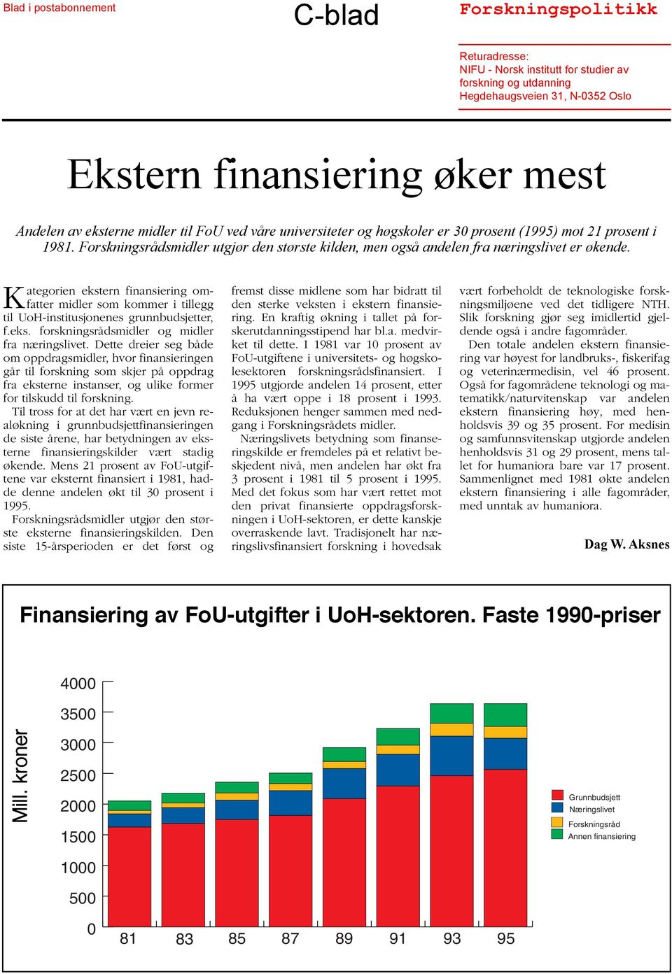 Kategorien ekstern finansiering omfatter midler som kommer i tillegg til UoH-institusjonenes grunnbudsjetter, f.eks. forskningsrådsmidler og midler fra næringslivet.