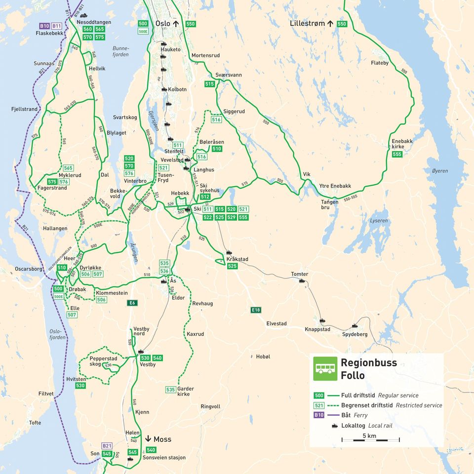 Klommestein 506 Kråkstad 535 Eldor E6 Elle Tomter Ås 536 506 5-55 550 Årun 506 507 Drøbak Tangen bru E Dyrløkke 500E Ytre Enebakk Ski 511 515 520 521 522 0 500 Ski sykehus Øyeren Vik 512 51 Heer 555