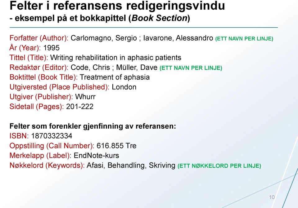 Title): Treatment of aphasia Utgiversted (Place Published): London Utgiver (Publisher): Whurr Sidetall (Pages): 201-222 Felter som forenkler gjenfinning av