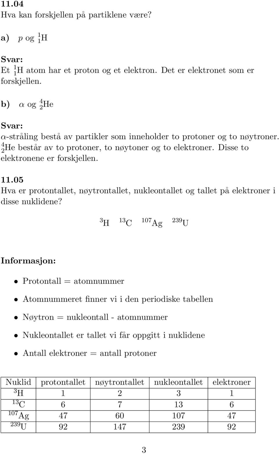 .05 Hva er protontallet, nøytrontallet, nukleontallet og tallet på elektroner i disse nuklidene?