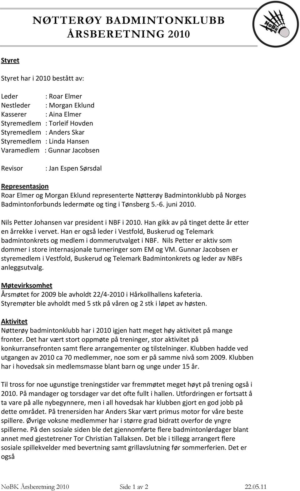 ledermøte og ting i Tønsberg 5. 6. juni 2010. Nils Petter Johansen var president i NBF i 2010. Han gikk av på tinget dette år etter en årrekke i vervet.