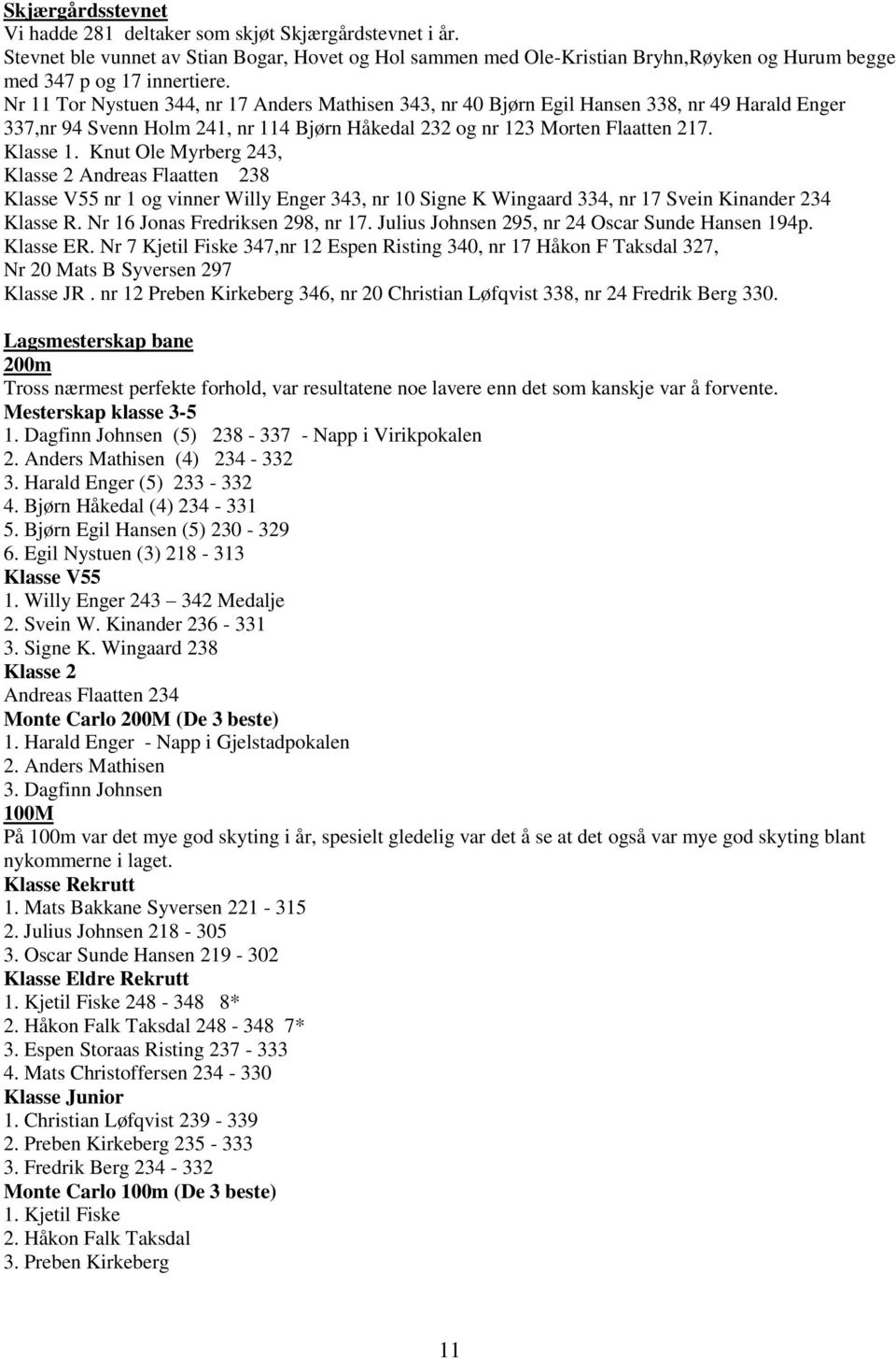 Knut Ole Myrberg 243, Klasse 2 Andreas Flaatten 238 Klasse V55 nr 1 og vinner Willy Enger 343, nr 10 Signe K Wingaard 334, nr 17 Svein Kinander 234 Klasse R. Nr 16 Jonas Fredriksen 298, nr 17.