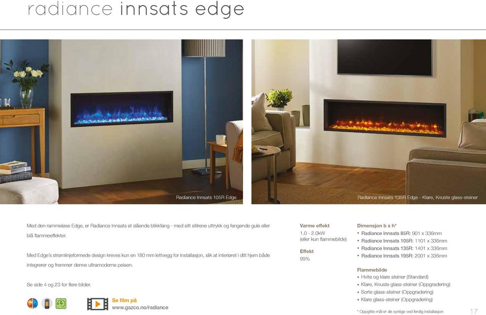 0kW (eller kun flammebilde) Dimensjon b x h* Radiance Innsats 85R: 901 x 336mm Radiance Innsats 105R: 1101 x 336mm Med Edge s strømlinjeformede design kreves kun en 180 mm lettvegg for installasjon,