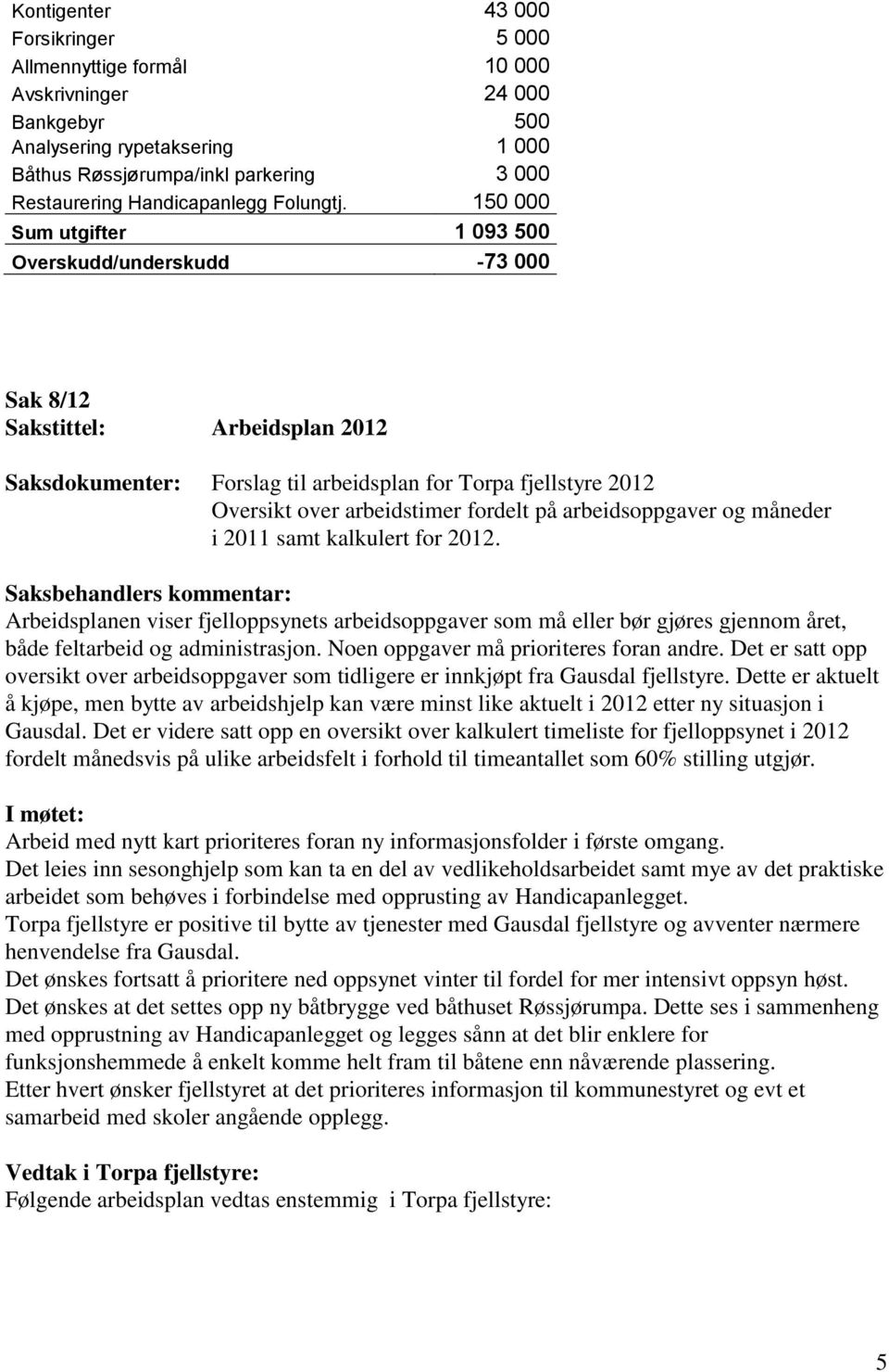 150 000 Sum utgifter 1 093 500 Overskudd/underskudd -73 000 Sak 8/12 Sakstittel: Arbeidsplan 2012 Saksdokumenter: Forslag til arbeidsplan for Torpa fjellstyre 2012 Oversikt over arbeidstimer fordelt