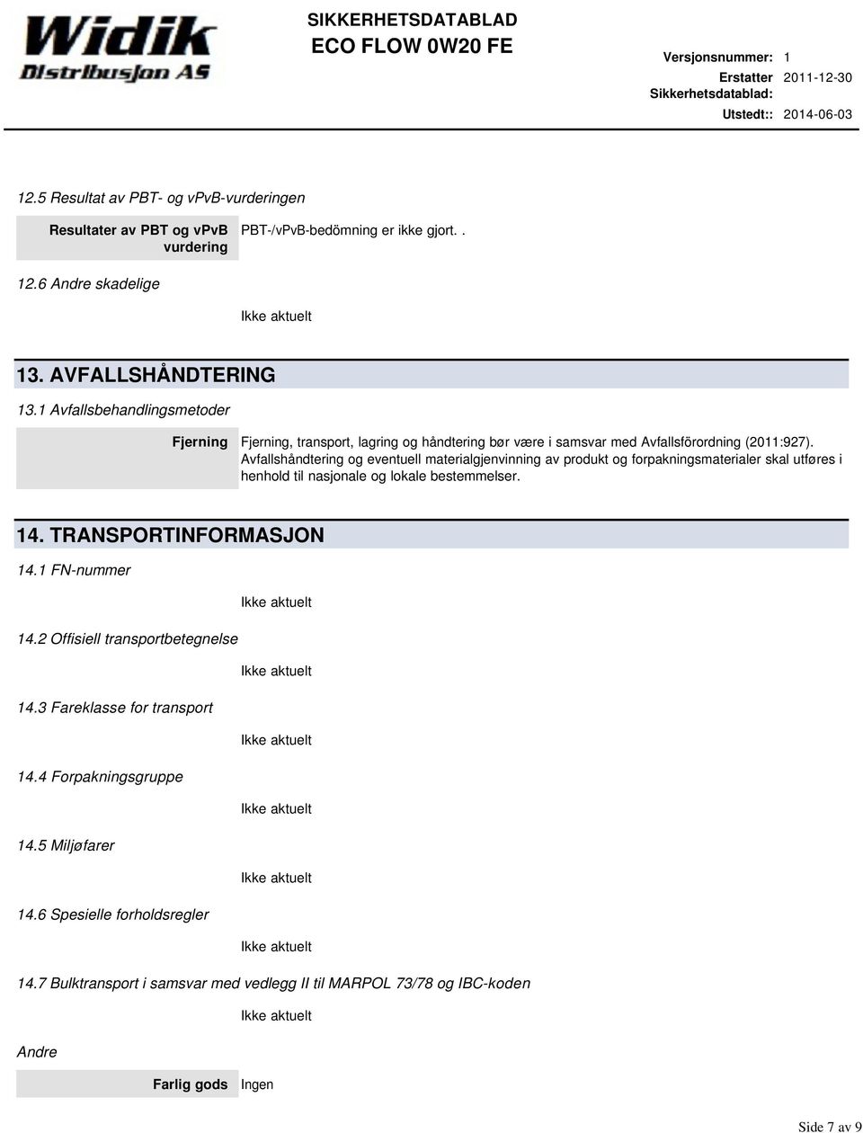 Avfallshåndtering og eventuell materialgjenvinning av produkt og forpakningsmaterialer skal utføres i henhold til nasjonale og lokale bestemmelser. 14. TRANSPORTINFORMASJON 14.