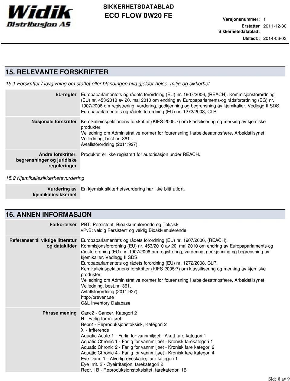 Europaparlamentets og rådets forordning (EU) nr. 1907/2006, (REACH). Kommisjonsforordning (EU) nr. 453/2010 av 20. mai 2010 om endring av Europaparlamentsog rådsforordning (EG) nr.