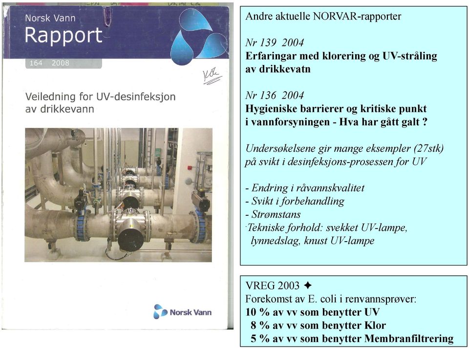 Undersøkelsene gir mange eksempler (27stk) på svikt i desinfeksjons-prosessen for UV - Endring i råvannskvalitet - Svikt i forbehandling