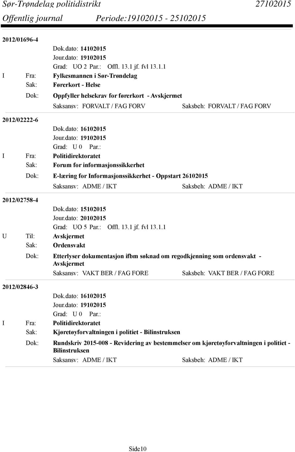 2012/02758-4 Dok.dato: 15102015 Sak: Ordensvakt Dok: Etterlyser dokumentasjon ifbm søknad om regodkjenning som ordensvakt - Avskjermet 2012/02846-3 Dok.