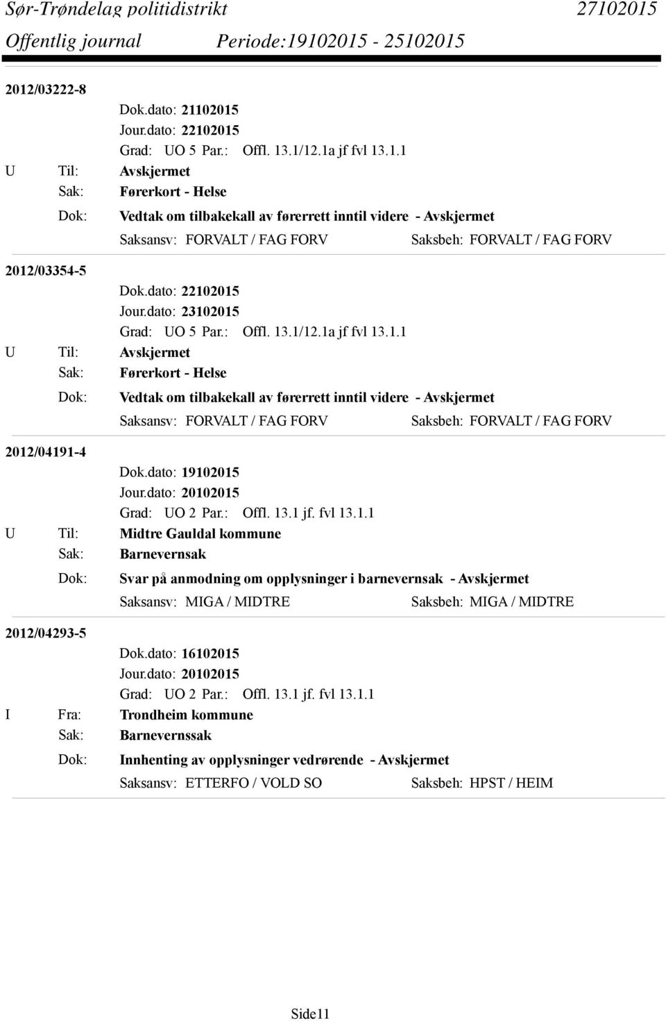 2015 Grad: UO 5 Par.: Offl. 13.1/12.1a jf fvl 13.1.1 Dok: Vedtak om tilbakekall av førerrett inntil videre - Avskjermet 2012/04191-4 U Til: Midtre Gauldal