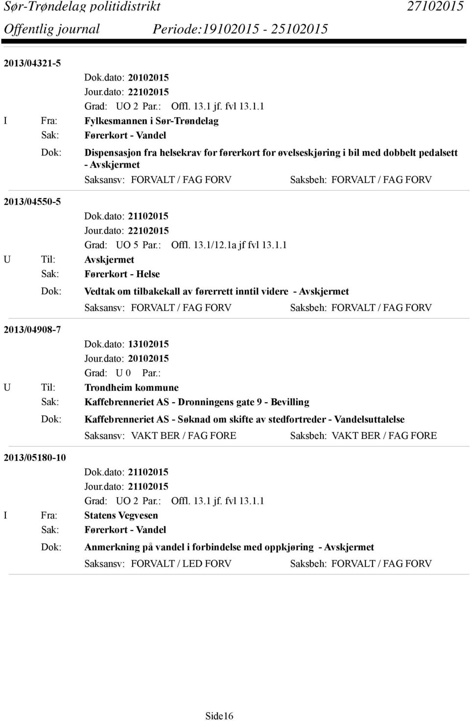 dato: 13102015 U Til: Trondheim kommune Sak: Kaffebrenneriet AS - Dronningens gate 9 - Bevilling Dok: Kaffebrenneriet AS - Søknad om skifte av stedfortreder -