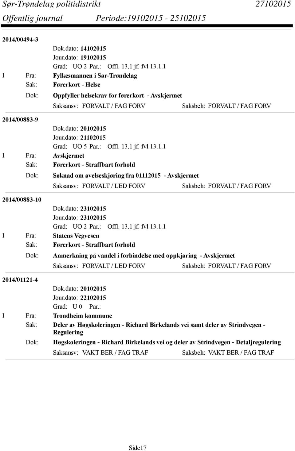 fra 01112015 - Avskjermet Saksansv: FORVALT / LED FORV 2014/00883-10 Dok.