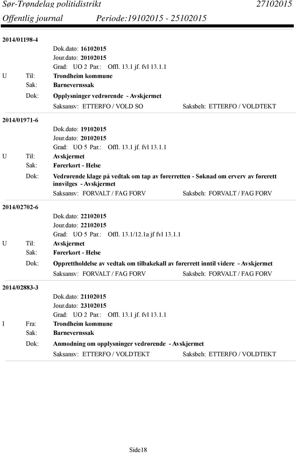 2014/01971-6 Dok: Vedrørende klage på vedtak om tap av førerretten - Søknad om erverv av førerett innvilges - Avskjermet 2014/02702-6 Dok.