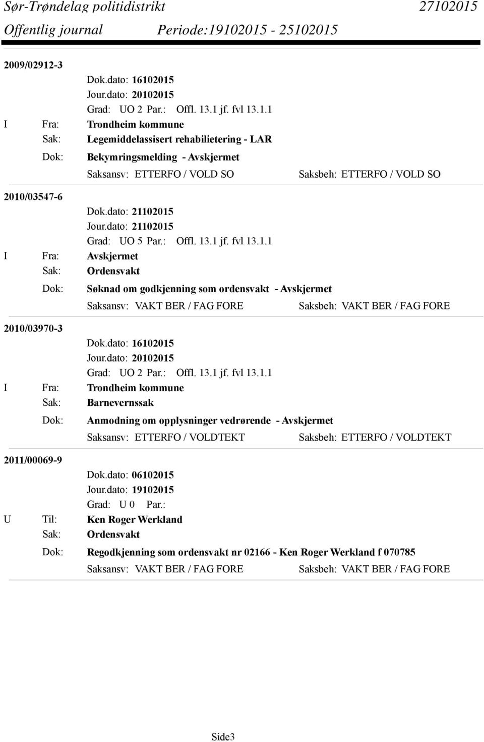 Saksbeh: ETTERFO / VOLD SO 2010/03547-6 Sak: Ordensvakt Dok: Søknad om godkjenning som ordensvakt - Avskjermet 2010/03970-3 Dok.